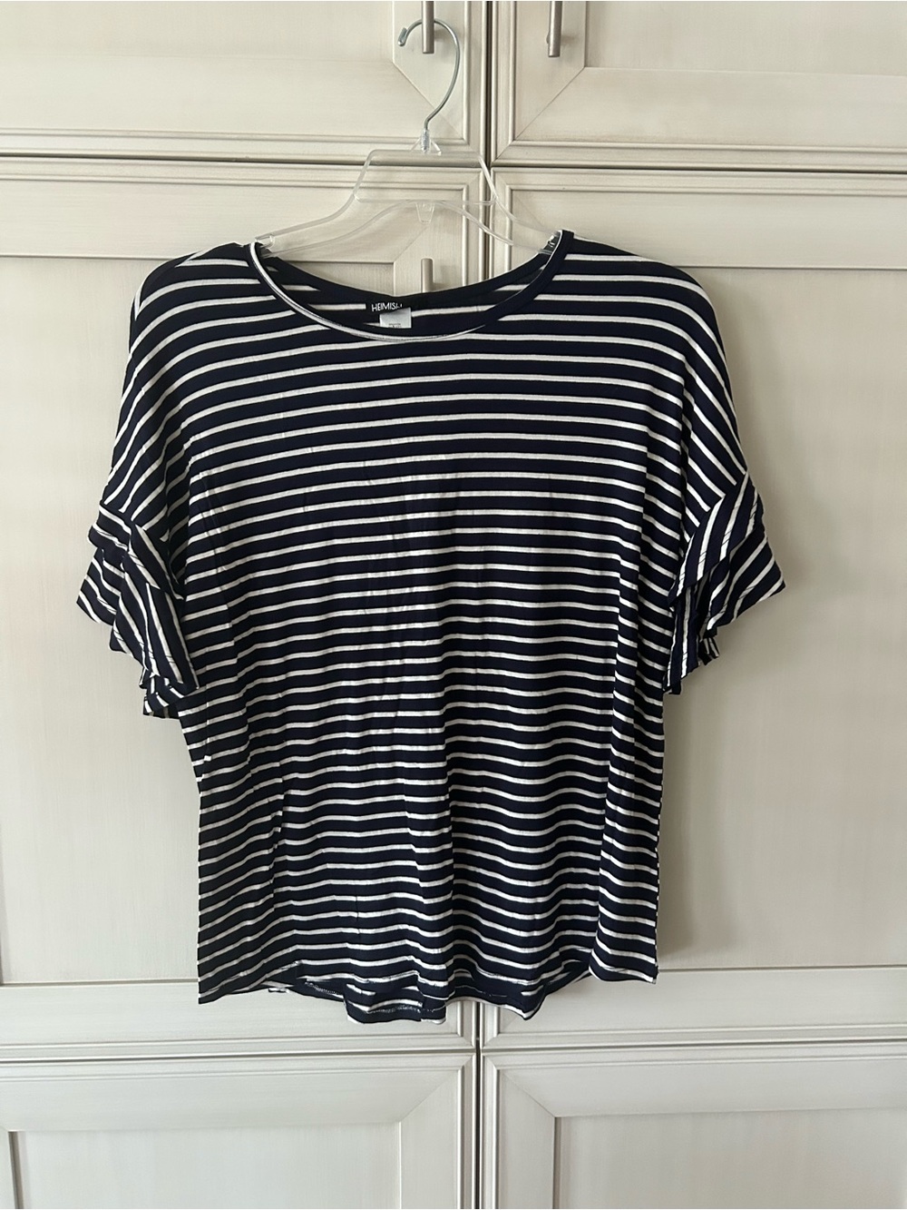 HEIMISH USA Navy and White Striped Short Sleeve Ruffle Tee
